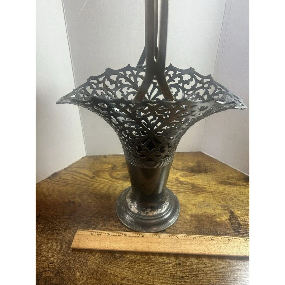 Antique Brides Flower Basket Silverplate 15” Tall Intricate Filigree Unique Mark